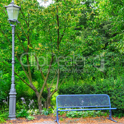 Summer park, bench and street lamp
