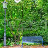 Summer park, bench and street lamp