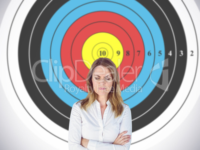 Composite image of upset businesswoman with eyes closed