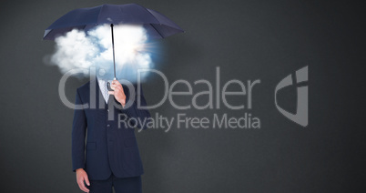 Composite image of businessman holding umbrella on white backgro
