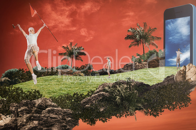 Composite image of woman playing golf