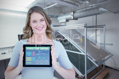 Composite image of portrait of smiling woman with tablet