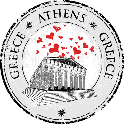 Love heart stamp with the Parthenon shape from Greece and the name Greece written inside the stamp