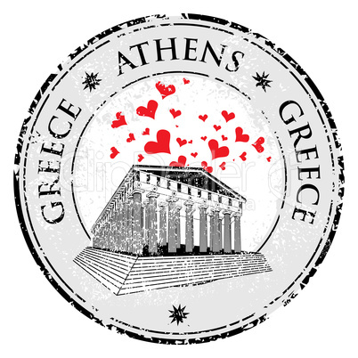 Love heart stamp with the Parthenon shape from Greece and the name Greece written inside the stamp