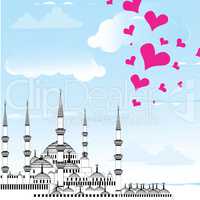Love to Istanbul vector illustration of The Blue Mosque, Sultanahmet Camii, Turkey.