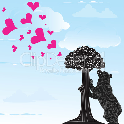 Love heart background with statue of Bear and strawberry tree and the words Madrid, Spain inside, vector illustration