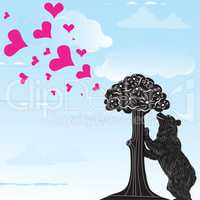 Love heart background with statue of Bear and strawberry tree and the words Madrid, Spain inside, vector illustration