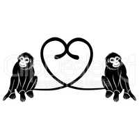 Animal love. Couple of cute monkeys shaped heart of tails, Valentine day illustration.