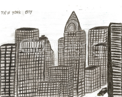 City new york hand drawn by kid, vector illustration