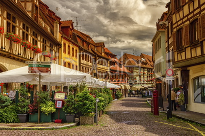 Street in Obernai village, Alsace, France