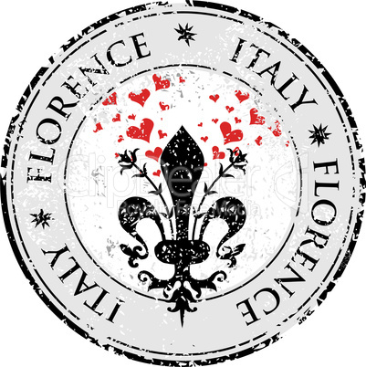 Love heart to The fleur de lis of Florence, travel destination grunge rubber stamp with symbol of Florence, Italy inside, vector illustration