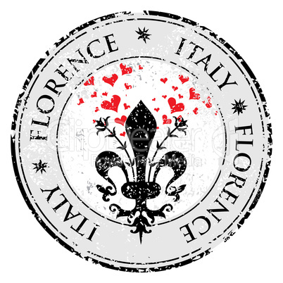 Love heart to The fleur de lis of Florence, travel destination grunge rubber stamp with symbol of Florence, Italy inside, vector illustration