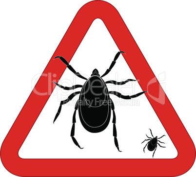 Mite warning sign. Vector illustration of tick warning sign. Bud warning sign. Parasite warning sign. Mite skin parasite vector sign. Mite skin parasite isolated on white.