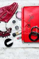 Red clutch bag and ladies accessories