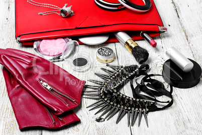 Red clutch bag and ladies accessories