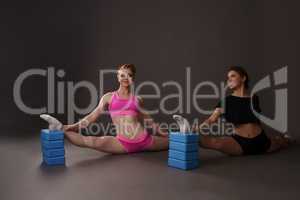 Beautiful girls posing with gymnastic bricks