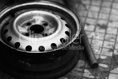 Horizontal vintage black and white wheel bokeh background backdr