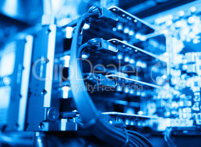 Horizontal blue gpu quad sli video card bokeh background