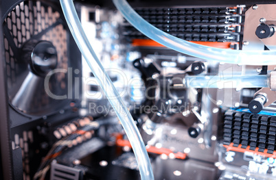 Inside water cooled computer bokeh background