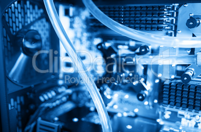 Inside blue water cooled computer bokeh background