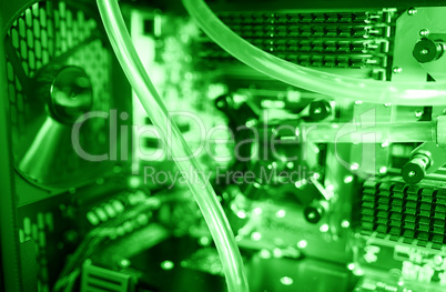 Inside green water cooled computer bokeh background