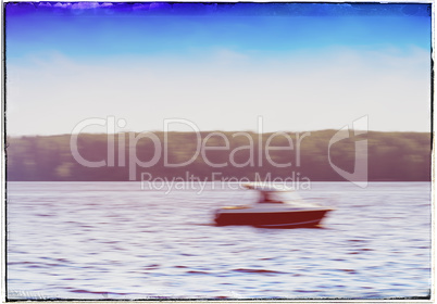 Horizontal speed boat abstraction with light leak postcard backg