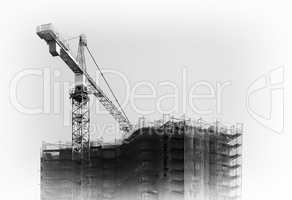 Black an white construction crane building city house background