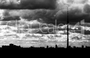 Black and white Moscow television tower silhouette background