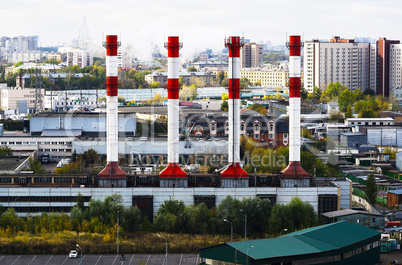 Horizontal vivid industrial chimneys Moscow cityscape background