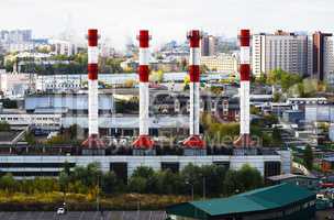 Horizontal vivid industrial chimneys Moscow cityscape background