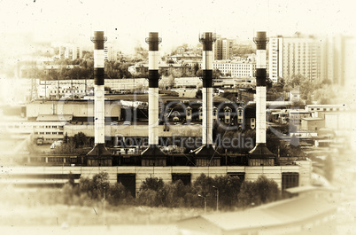 Horizontal vintage sepia industrial chimneys Moscow cityscape ba