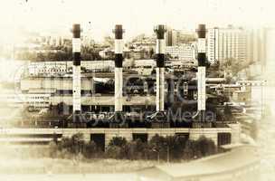 Horizontal vintage sepia industrial chimneys Moscow cityscape ba