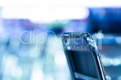 Horizontal empty right aligned cold cafe chair bokeh background