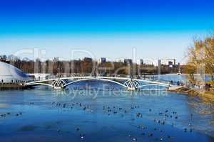 Arc bridge in Moscow public park Tsaritsyno background