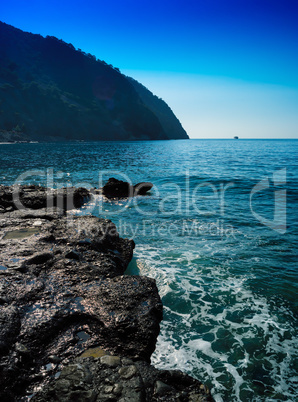 Vertical vivid stony beach tidal waves with ship landscape backg