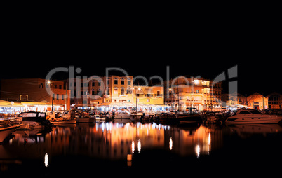 Horizontal evening Greece pier reflection cityscape background