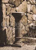 Vertical antique pedestal bokeh design postcard composition