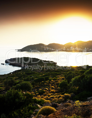 Horizontal vivid Crete island sunset landscape background backdr