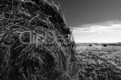 Horizontal vibrant black and white hay stack sun background back