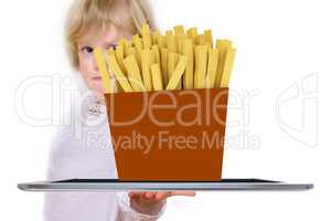 Child with tablet PC and chips pack