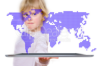 Child with tablet and world map