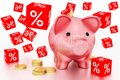 Discount dice and piggy bank with coins, 3d illustration