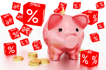 Discount dice and piggy bank with coins, 3d illustration Discount dice and piggy bank with coins, 3d illustration