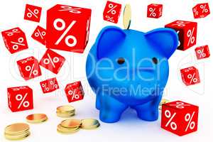 Discount dice and piggy bank with coins, 3d illustration