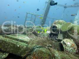 massive shipwreck, sits on a sandy seafloor in bali