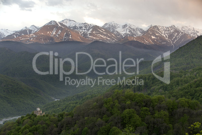 Mountain landscape with the old church, Russia, Caucasus.