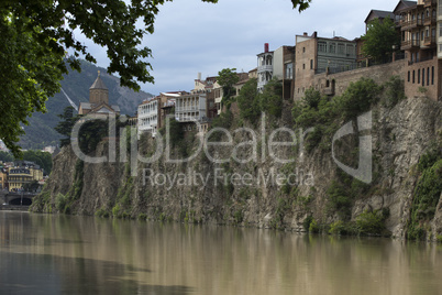 The center of old Tbilisi. Homes on high bank of Kura River.
