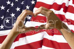 Hands heart symbol, USA flag