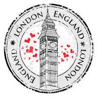 Grunge love heart stamp London Great Britain, Big Ben tower vector