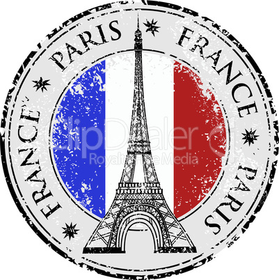 Paris town in France grunge flag stamp, eiffel tower vector illustration